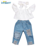Trendy Off Shoulder Top With Rugged Jeans For Girls