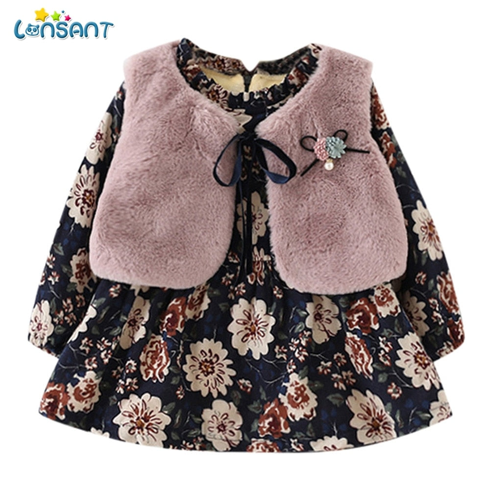 Printed Frock With Coat For Little Girls