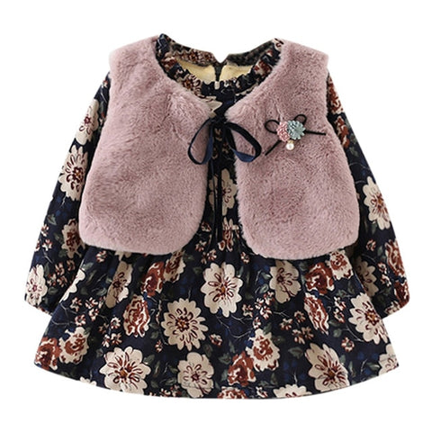 Printed Frock With Coat For Little Girls