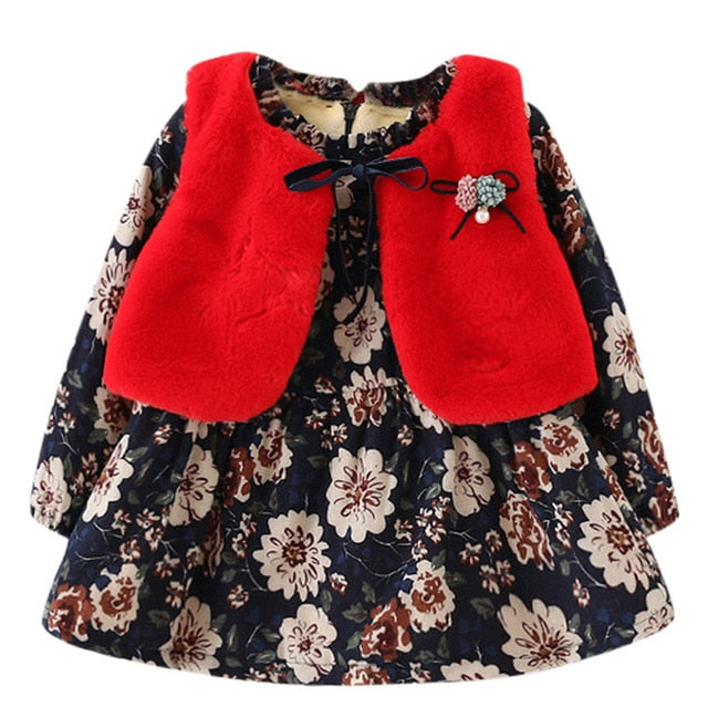 Printed Frock With Coat For Little Girls