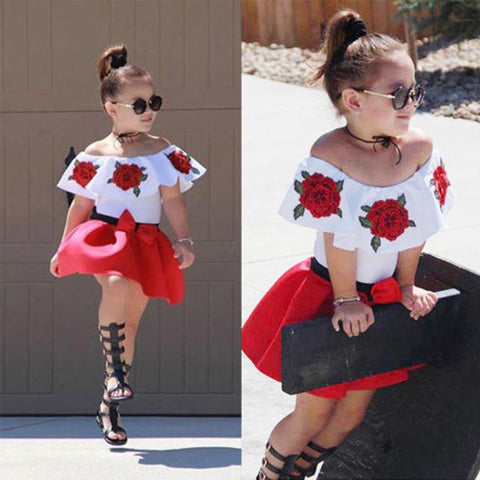 Off Shoulder Flower Top And Skirt Set For Baby Girl