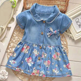 Floral print bowknot sleeveless Denim Frock for Baby Girl