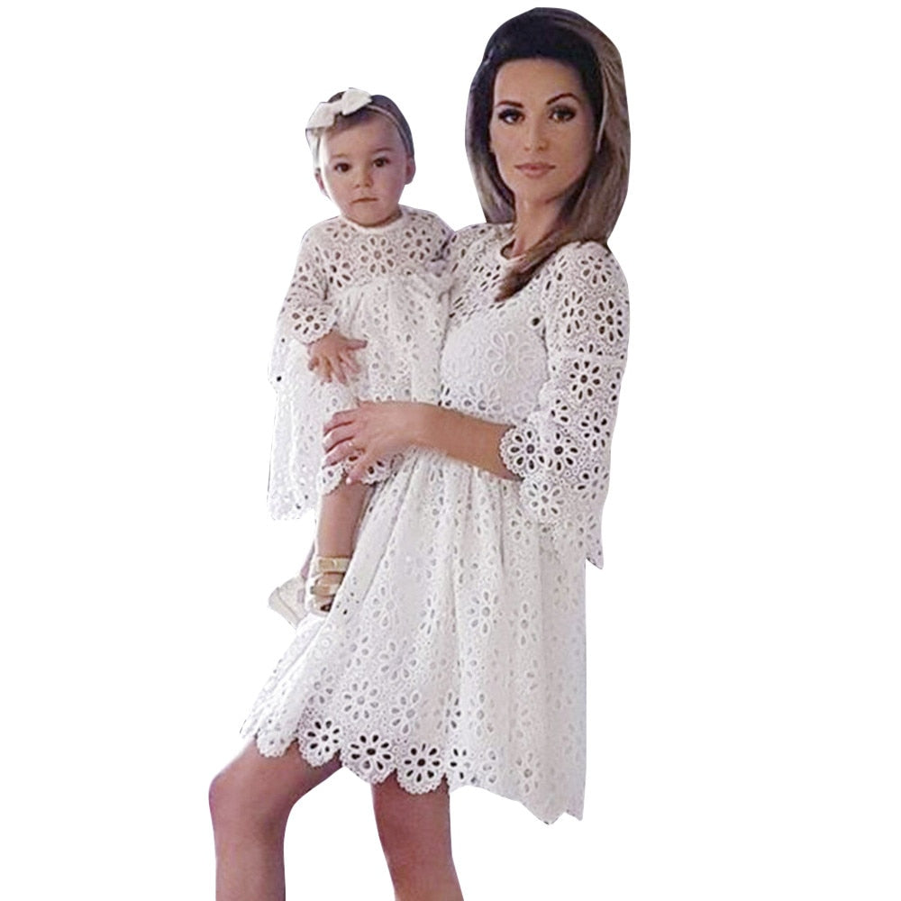 Beautiful Lace Knee Length Frock for Mother- Daughter