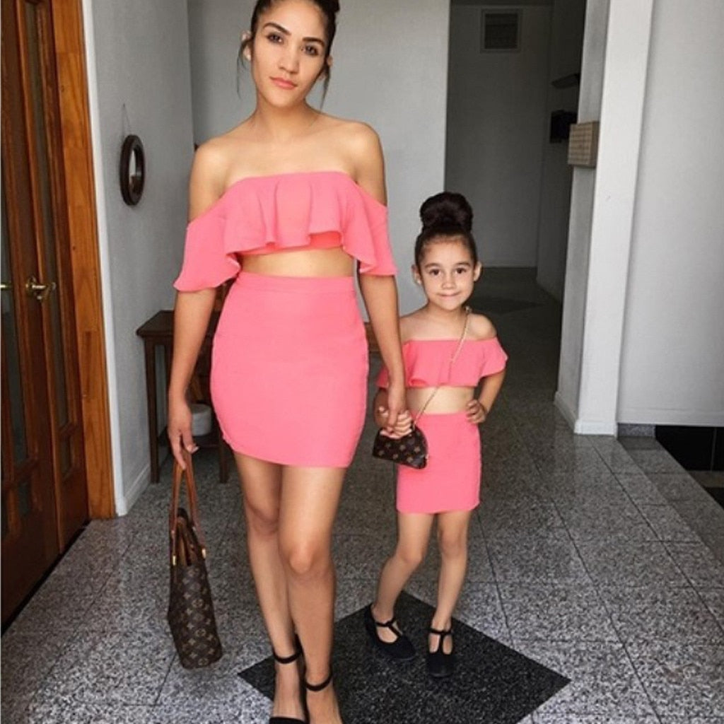 Sexy Off Shoulder Top and Skirt for Mother- daughter