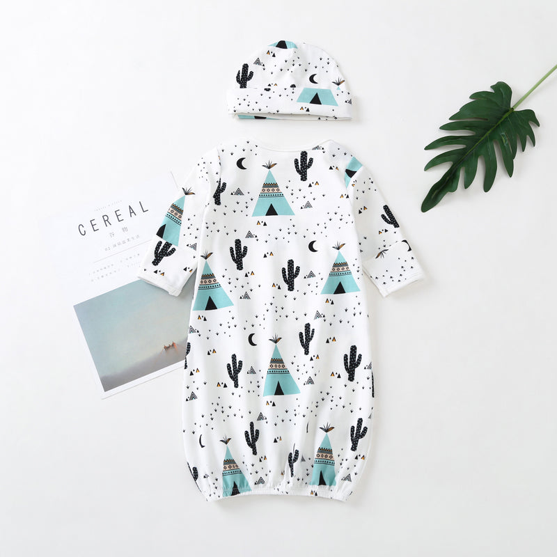 2 Piece Printed Baby Sleepwear Gown With A Cap