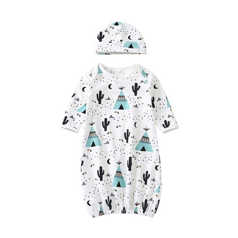 2 Piece Printed Baby Sleepwear Gown With A Cap
