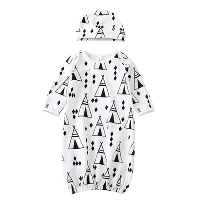 2 Piece Printed Baby Sleepwear Gown With A Cap