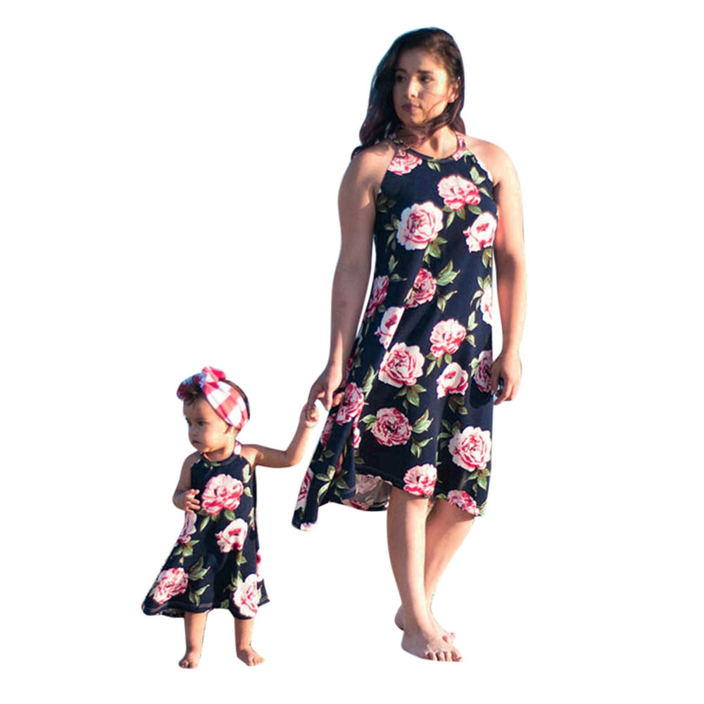 Flower Printed Summer Knee Length Dress for Mother-Daughter