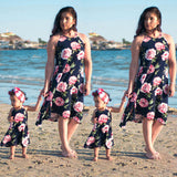 Flower Printed Summer Knee Length Dress for Mother-Daughter
