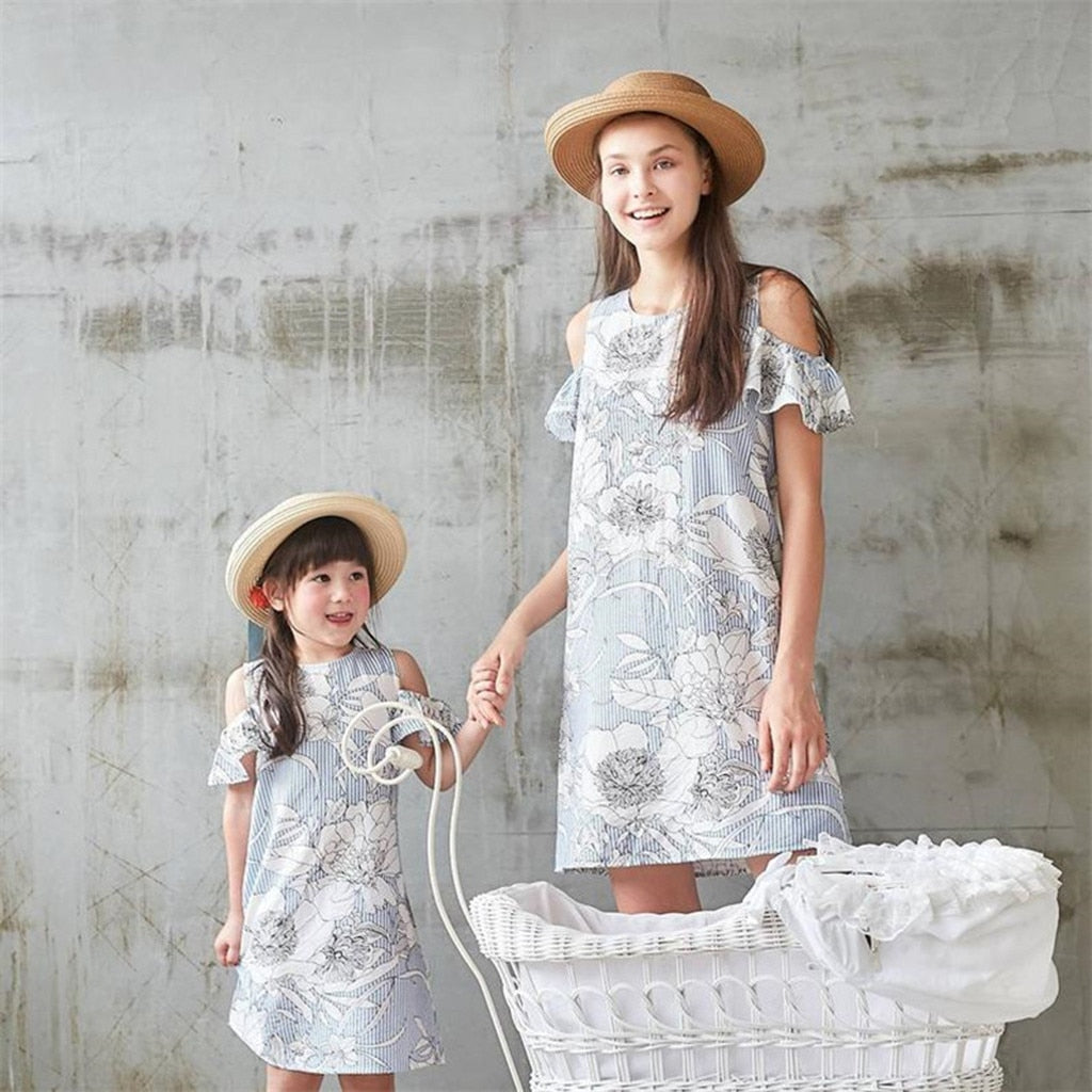 New Printed Cold Shoulder Casual Dress For Mother- Daughter