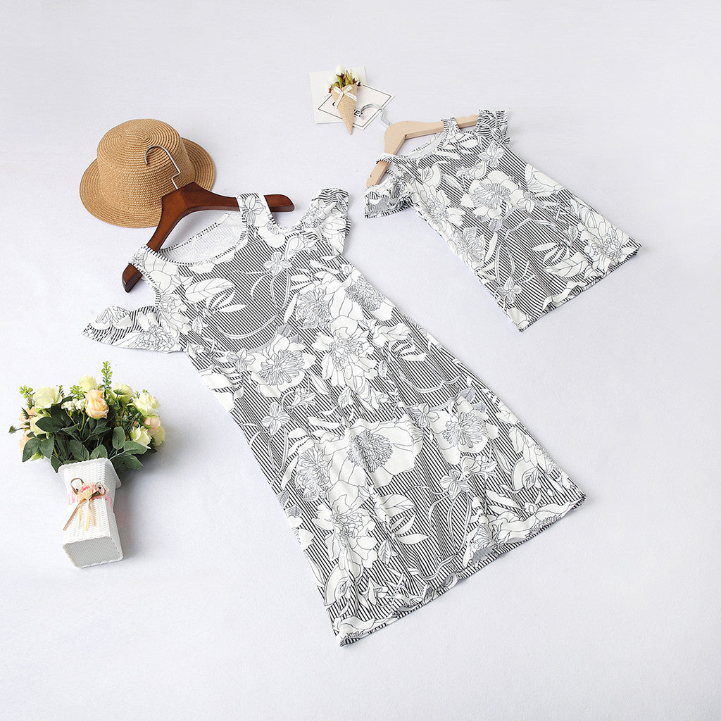 New Printed Cold Shoulder Casual Dress For Mother- Daughter