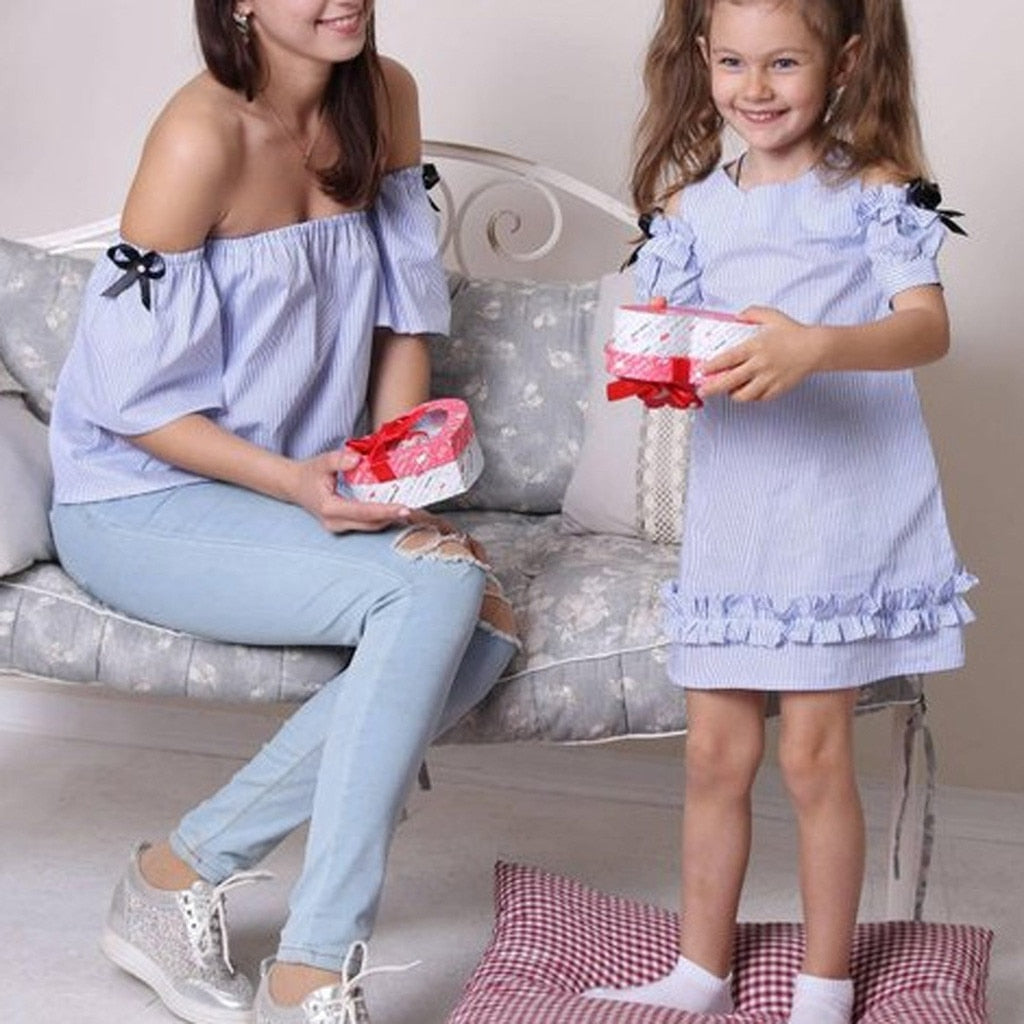 Multicolor Striped Off Shoulder Mother Daughter Dress Set